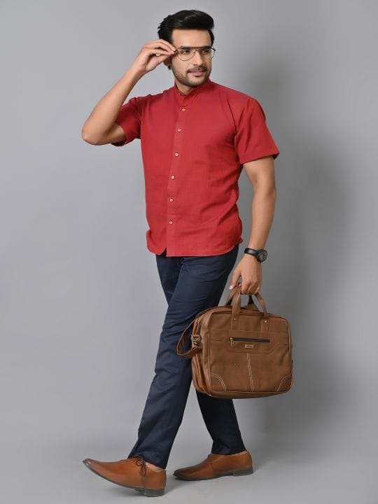 Red Khadi Cotton Men Shirt - Charkha TalesRed Khadi Cotton Men Shirt