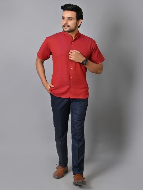 Red Khadi Cotton Men Shirt - Charkha TalesRed Khadi Cotton Men Shirt