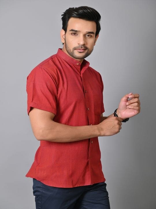 Red Khadi Cotton Men Shirt - Charkha TalesRed Khadi Cotton Men Shirt