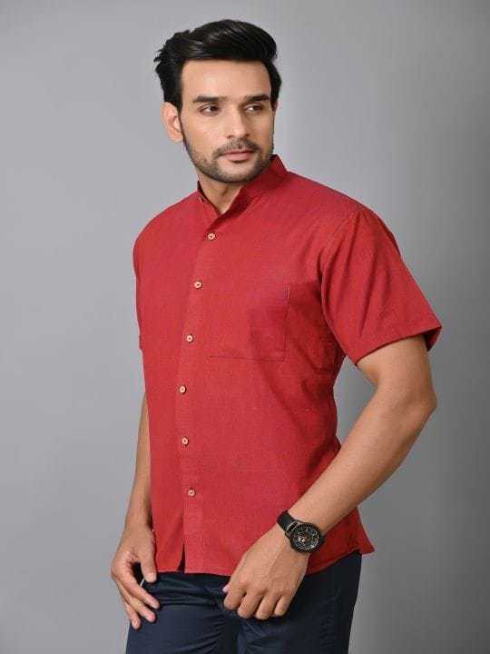 Red Khadi Cotton Men Shirt - Charkha TalesRed Khadi Cotton Men Shirt