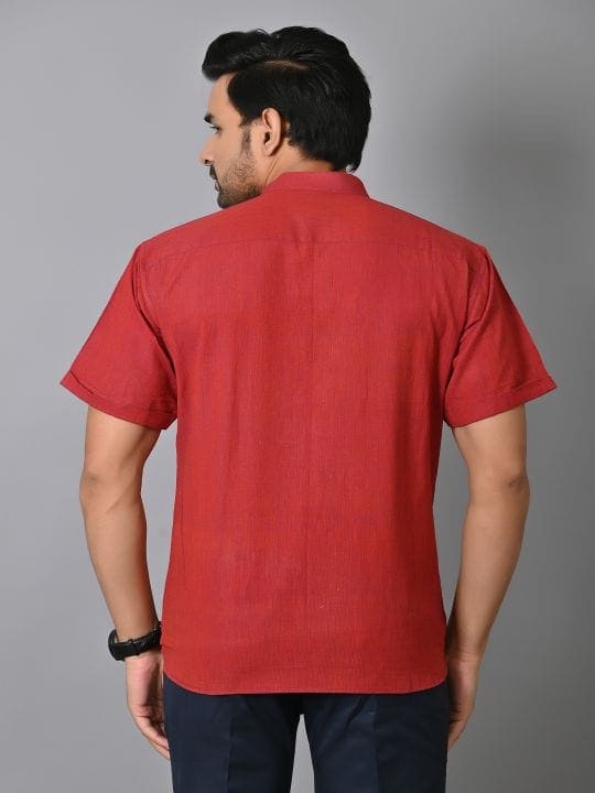 Red Khadi Cotton Men Shirt - Charkha TalesRed Khadi Cotton Men Shirt