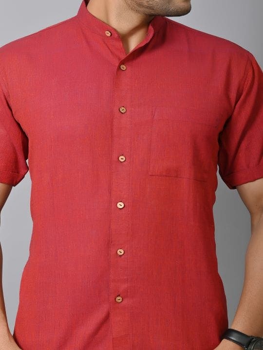 Red Khadi Cotton Men Shirt - Charkha TalesRed Khadi Cotton Men Shirt