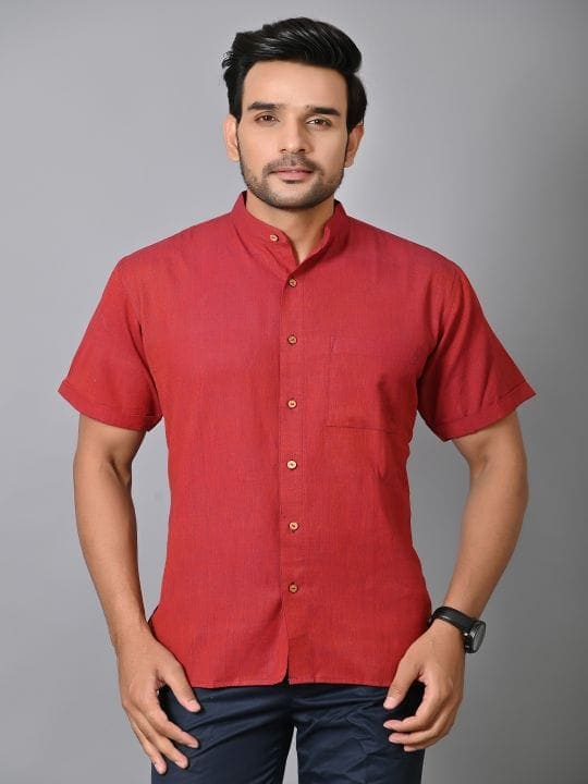 Red Khadi Cotton Men Shirt - Charkha TalesRed Khadi Cotton Men Shirt