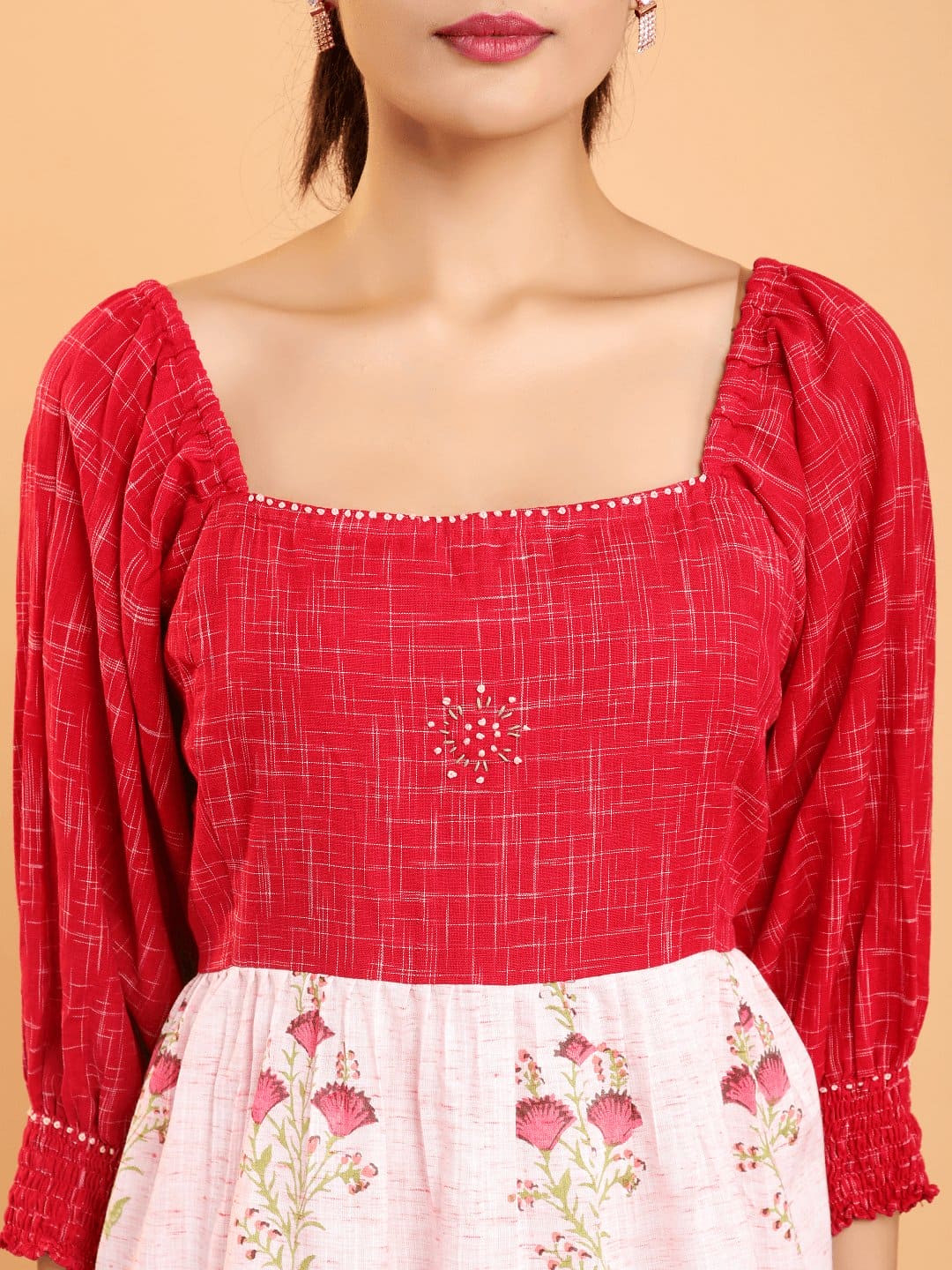 Red Layered Color Blocking Dress - Charkha TalesRed Layered Color Blocking Dress