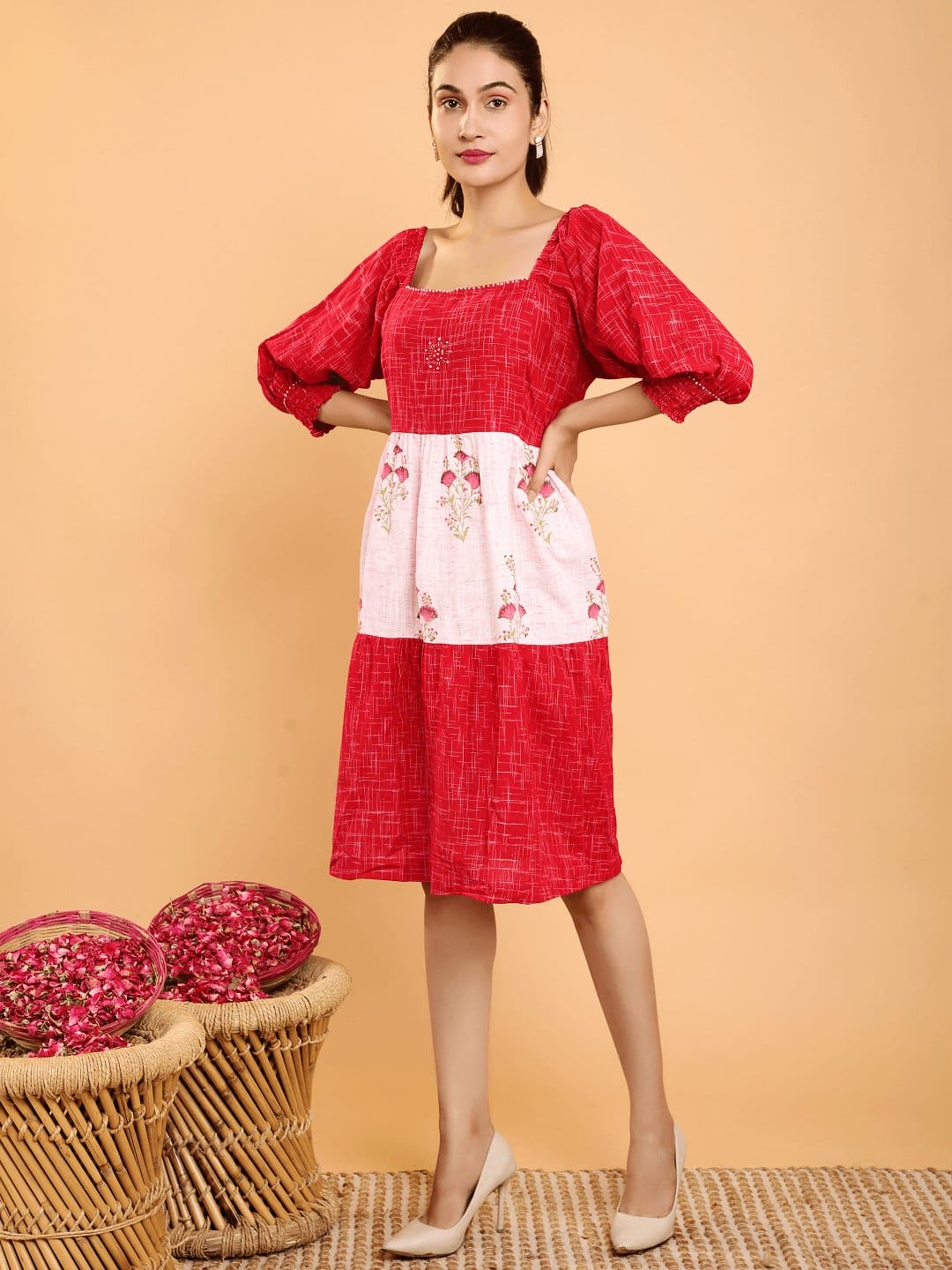 Red Layered Color Blocking Dress - Charkha TalesRed Layered Color Blocking Dress