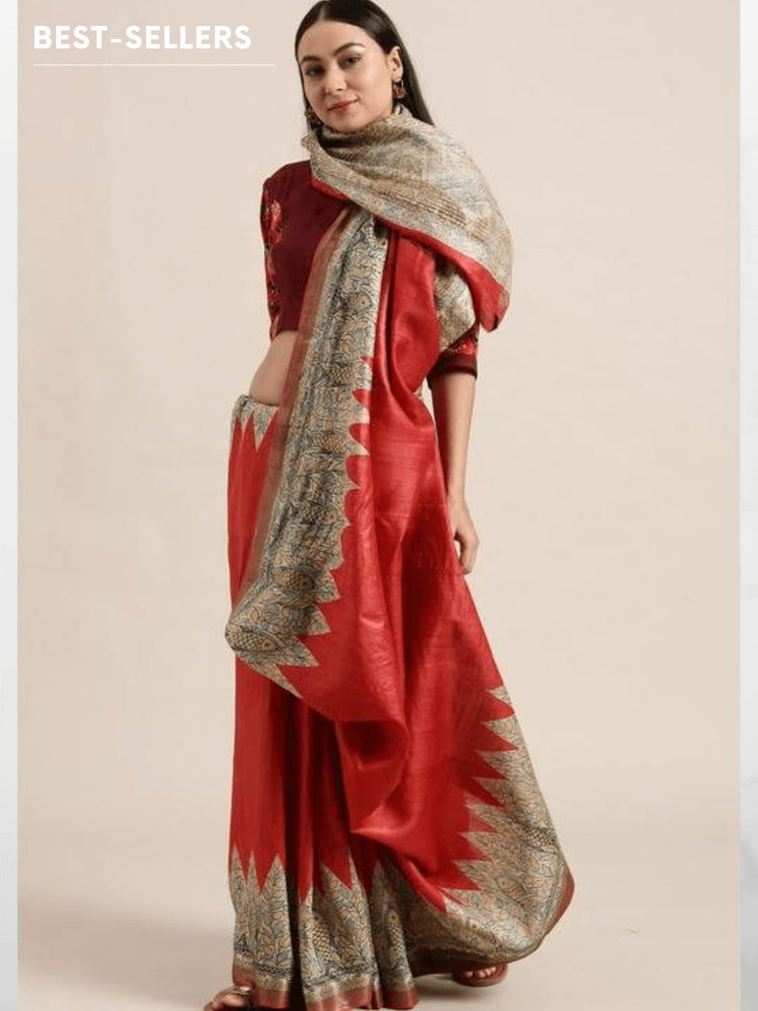 Red Madhubani Print Silk Saree - Charkha TalesRed Madhubani Print Silk Saree