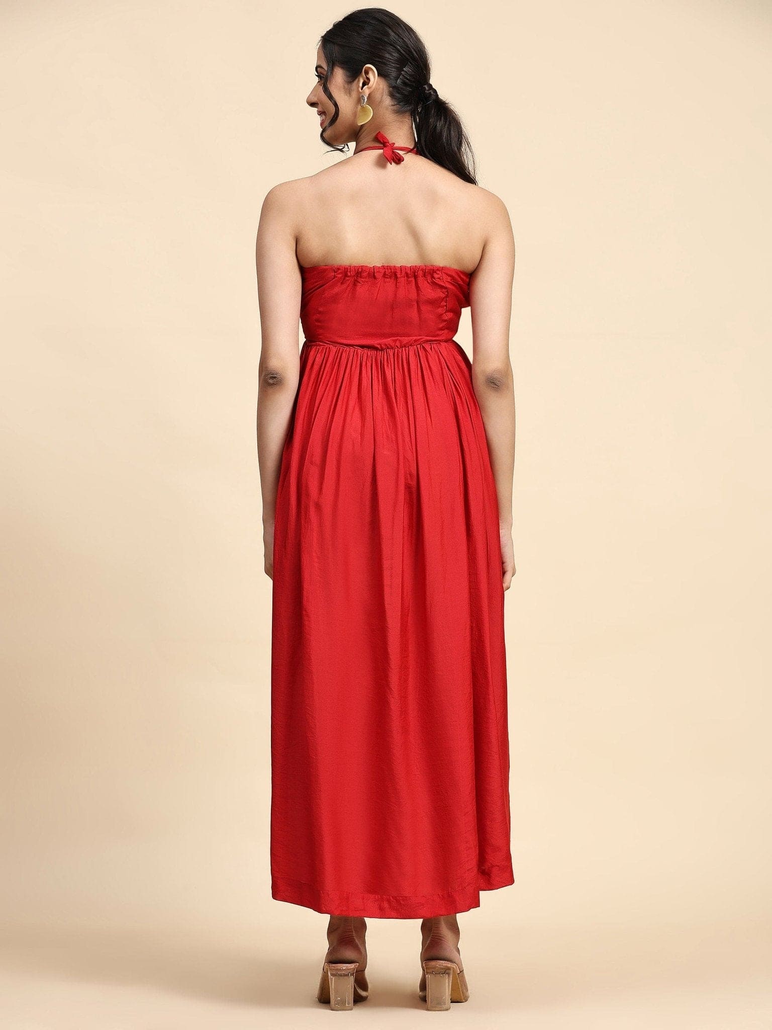 Red Zardozi Chanderi Tie Up Dress - Charkha TalesRed Zardozi Chanderi Tie Up Dress