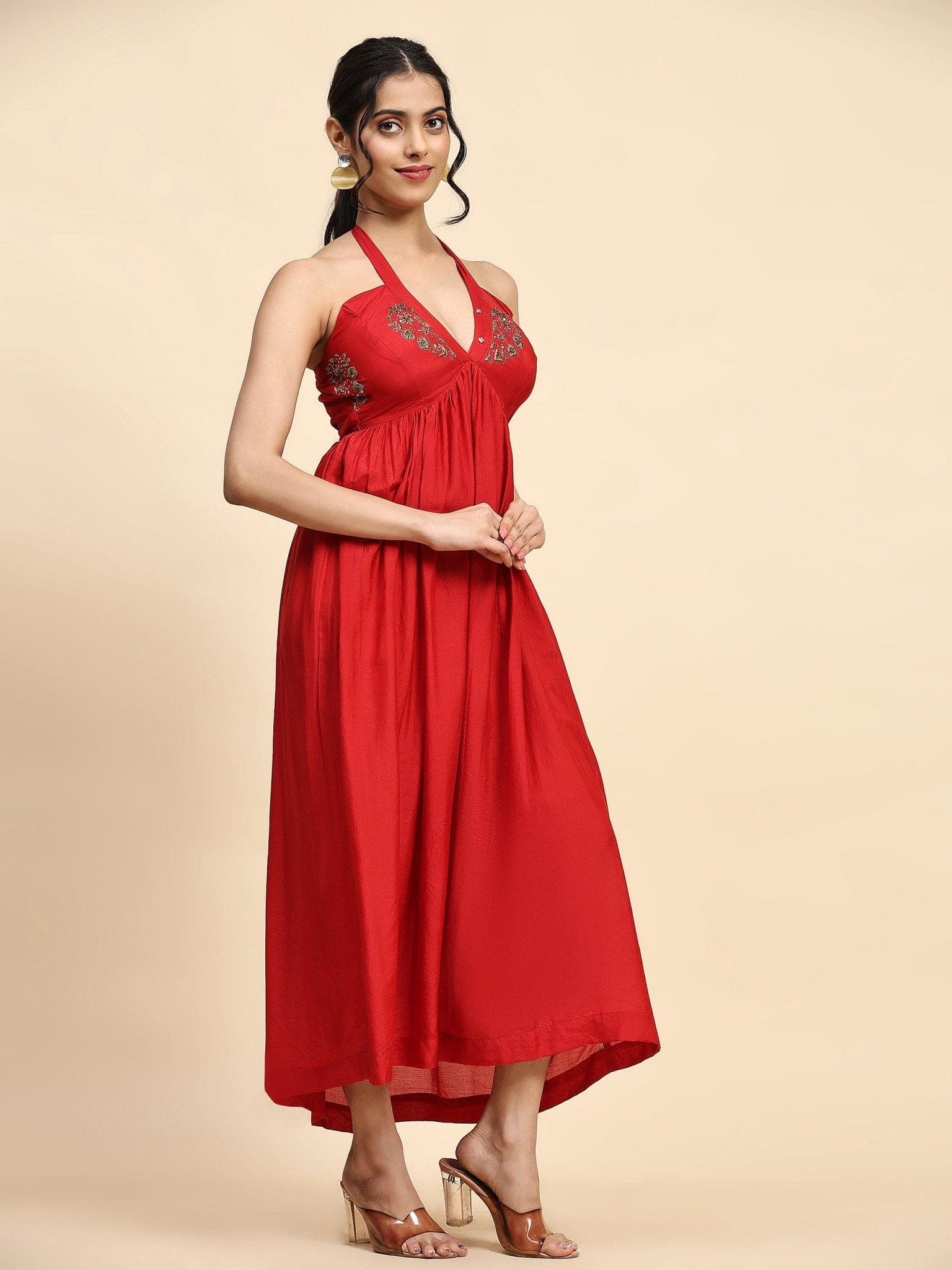 Red Zardozi Chanderi Tie Up Dress - Charkha TalesRed Zardozi Chanderi Tie Up Dress