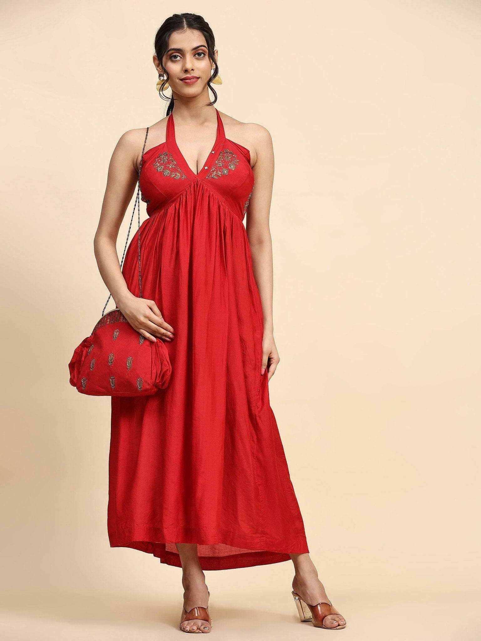 Red Zardozi Chanderi Tie Up Dress - Charkha TalesRed Zardozi Chanderi Tie Up Dress