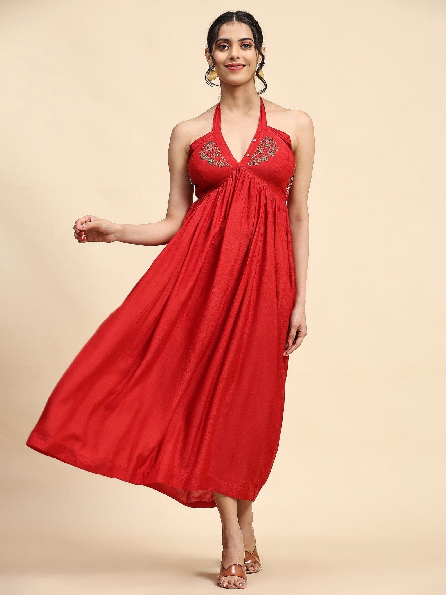 Red Zardozi Chanderi Tie Up Dress - Charkha TalesRed Zardozi Chanderi Tie Up Dress
