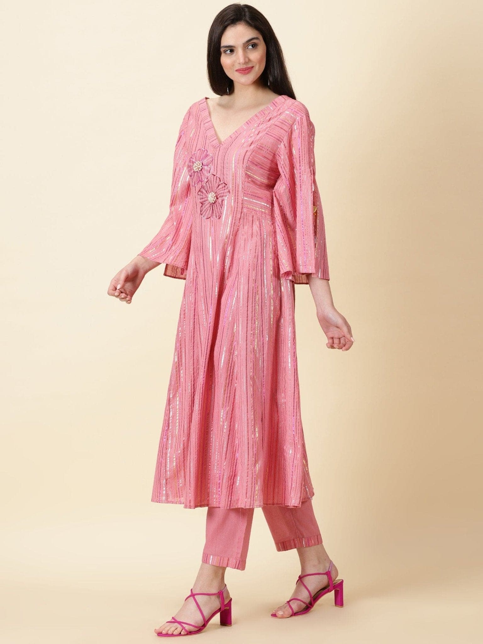 Rose Pink Chanderi Women Kurta Set - Charkha TalesRose Pink Chanderi Women Kurta Set