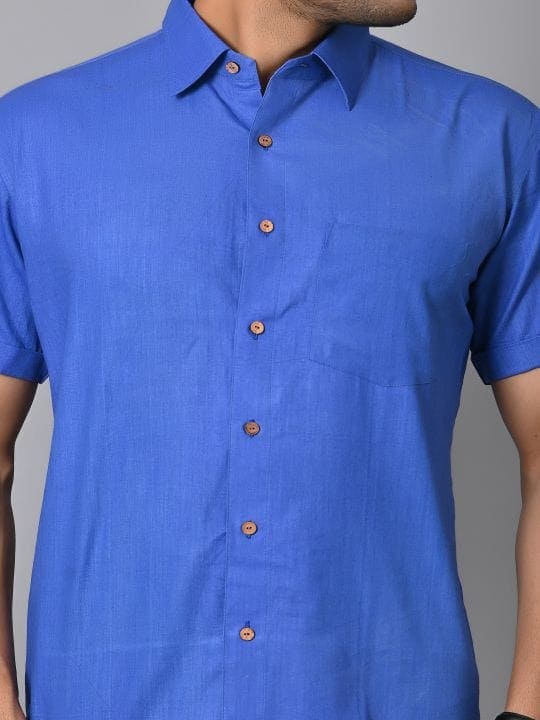 Royal Blue Khadi Cotton Men Shirt - Charkha TalesRoyal Blue Khadi Cotton Men Shirt