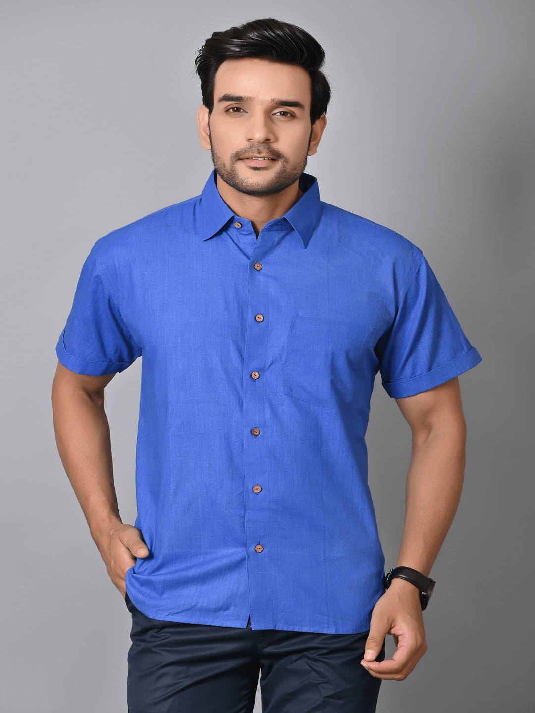 Royal Blue Khadi Cotton Men Shirt - Charkha TalesRoyal Blue Khadi Cotton Men Shirt