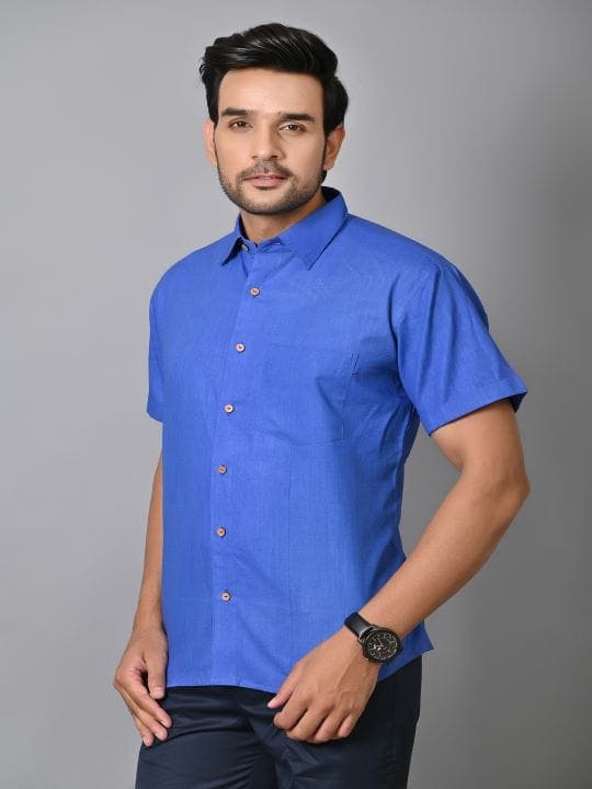 Royal Blue Khadi Cotton Men Shirt - Charkha TalesRoyal Blue Khadi Cotton Men Shirt