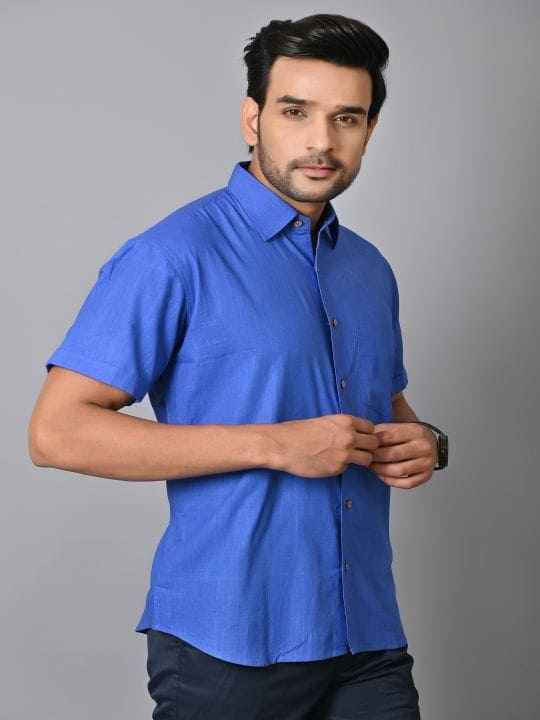 Royal Blue Khadi Cotton Men Shirt - Charkha TalesRoyal Blue Khadi Cotton Men Shirt