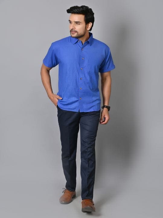 Royal Blue Khadi Cotton Men Shirt - Charkha TalesRoyal Blue Khadi Cotton Men Shirt