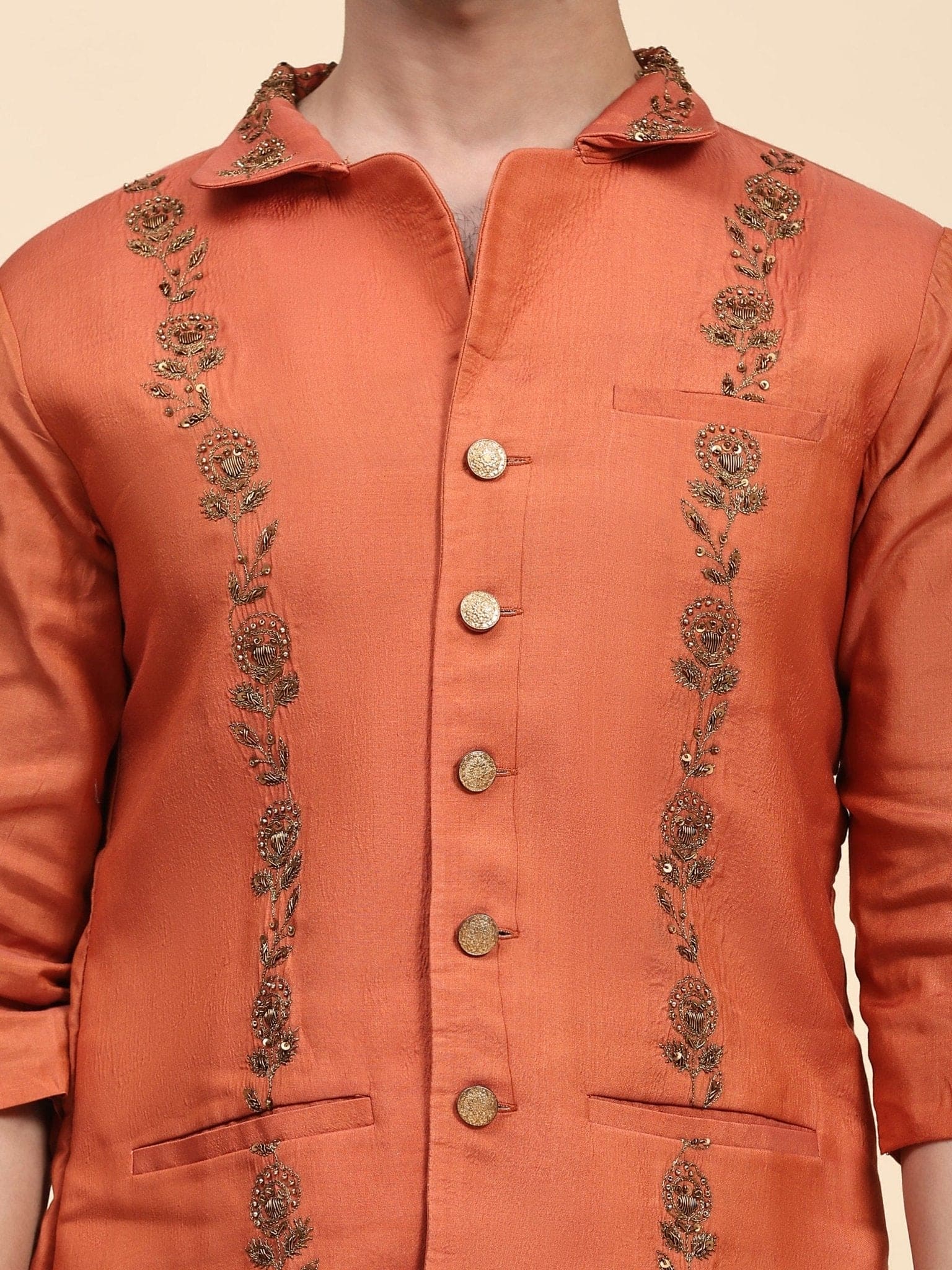 Rust Aari Zardozi Katan Silk Jacket - Charkha TalesRust Aari Zardozi Katan Silk Jacket