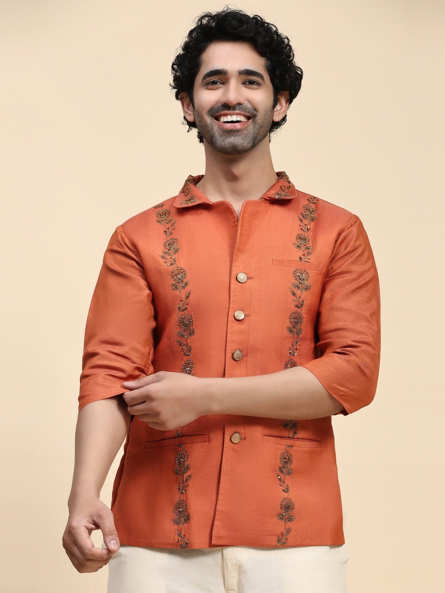 Rust Aari Zardozi Katan Silk Jacket - Charkha TalesRust Aari Zardozi Katan Silk Jacket