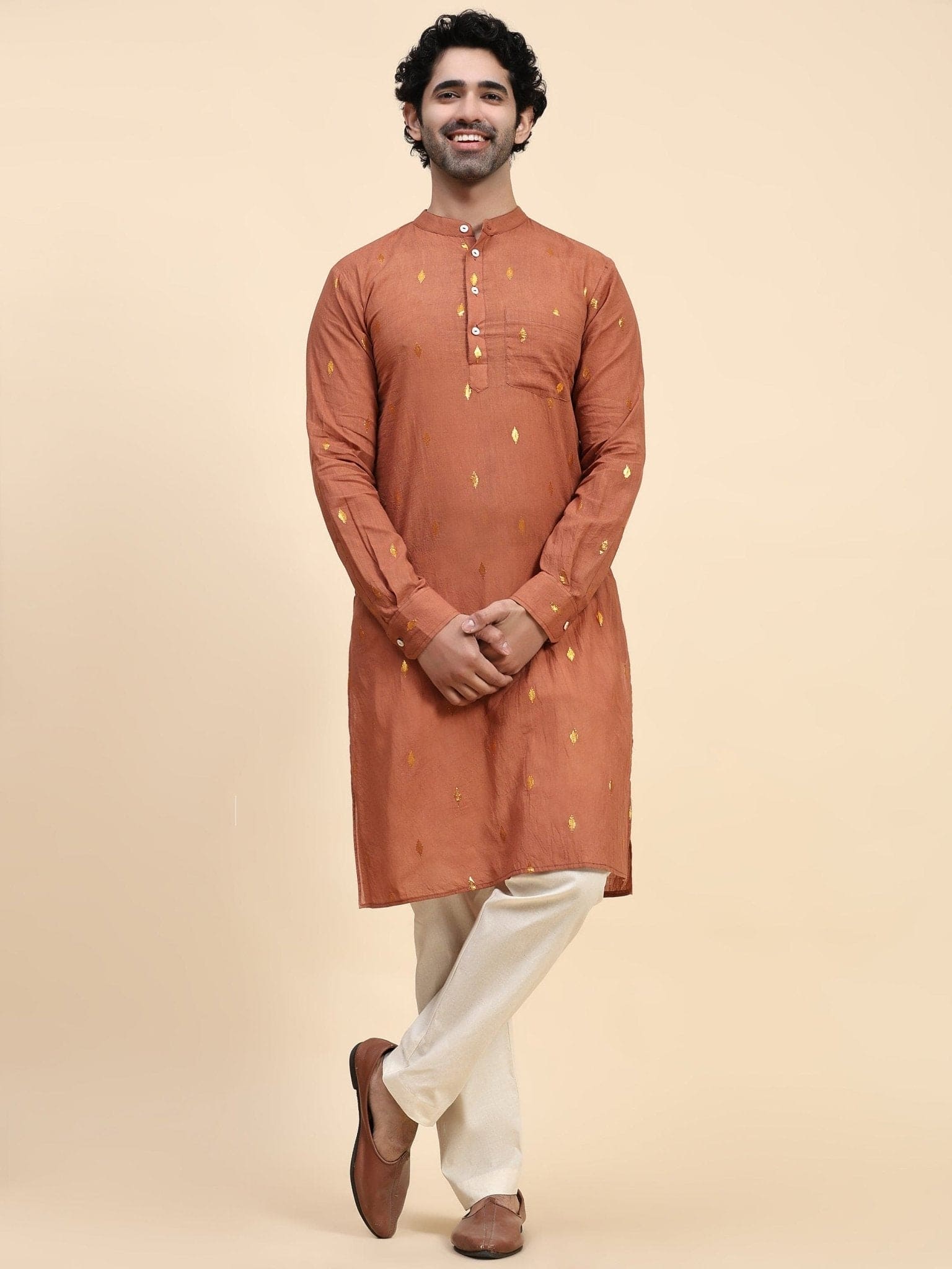 Rust Brown Cotton Men Kurta Set - Charkha TalesRust Brown Cotton Men Kurta Set