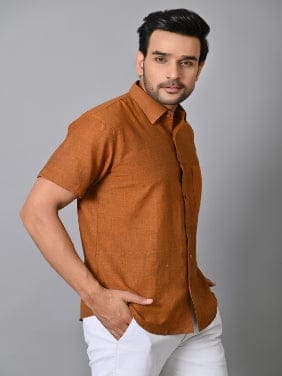 Rust Brown Khadi Cotton Men Shirt - Charkha TalesRust Brown Khadi Cotton Men Shirt