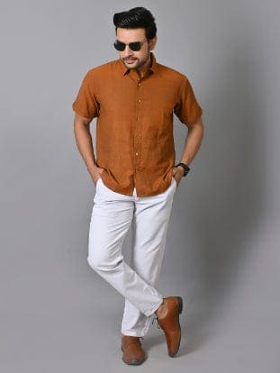 Rust Brown Khadi Cotton Men Shirt - Charkha TalesRust Brown Khadi Cotton Men Shirt