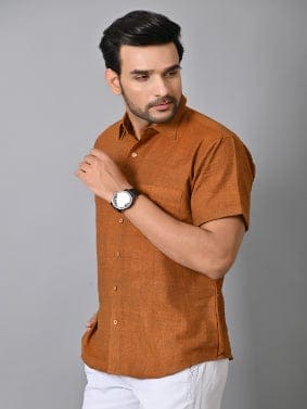 Rust Brown Khadi Cotton Men Shirt - Charkha TalesRust Brown Khadi Cotton Men Shirt