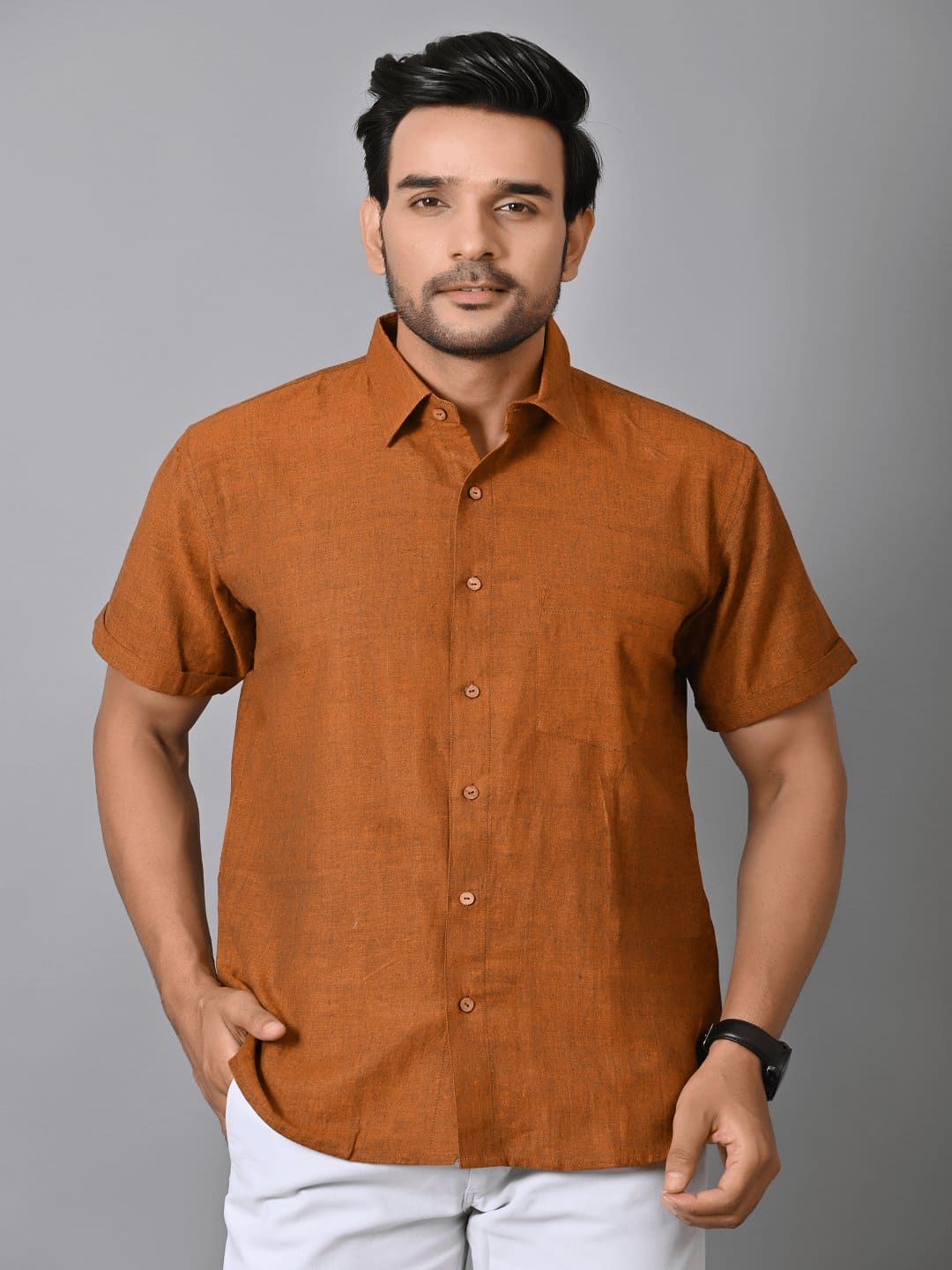 Rust Brown Khadi Cotton Men Shirt - Charkha TalesRust Brown Khadi Cotton Men Shirt