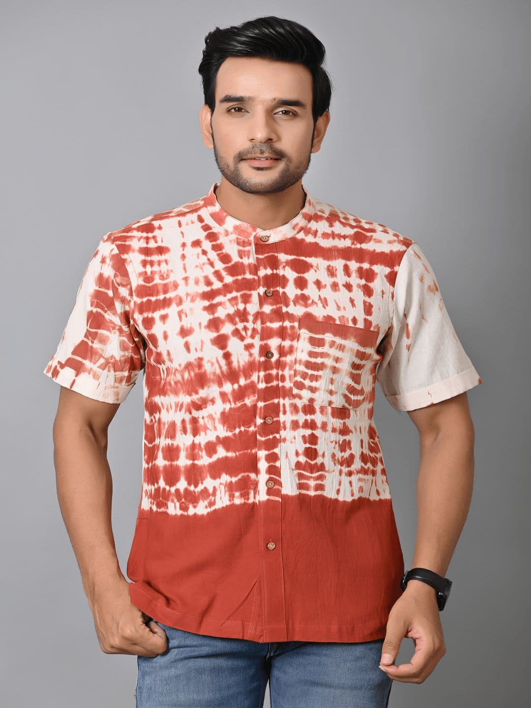 Rust Brown Tie Dye Men Shirt - Charkha TalesRust Brown Tie Dye Men Shirt