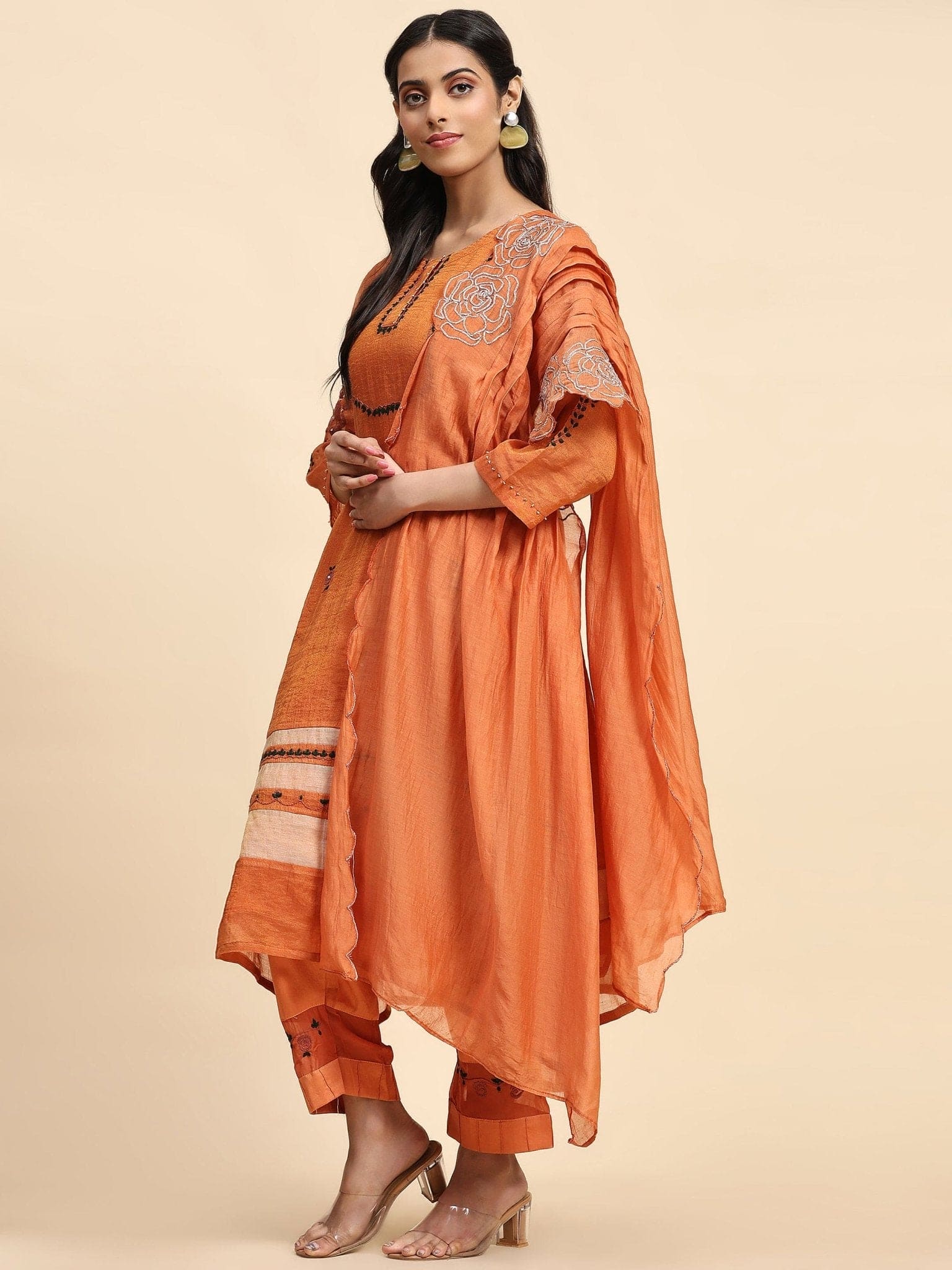 Rust Orange Chikankari Embroiderd Kurta Set - Charkha TalesRust Orange Chikankari Embroiderd Kurta Set