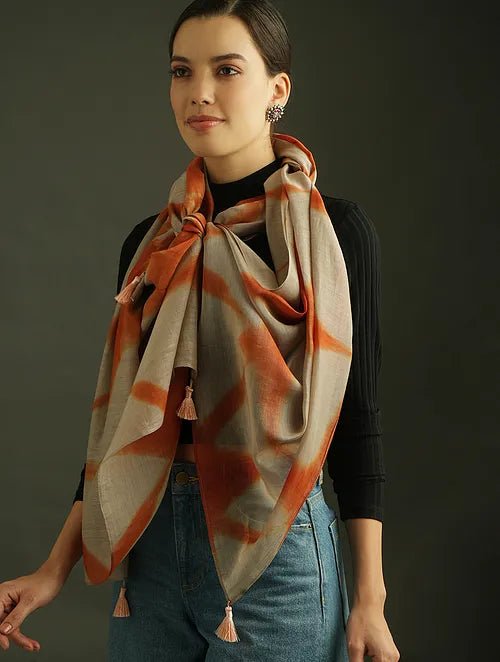Rust orange Clamp Dye Chanderi Silk Stole - Charkha TalesRust orange Clamp Dye Chanderi Silk Stole