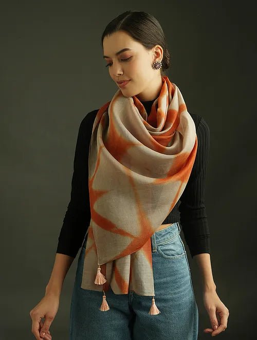 Rust orange Clamp Dye Chanderi Silk Stole - Charkha TalesRust orange Clamp Dye Chanderi Silk Stole
