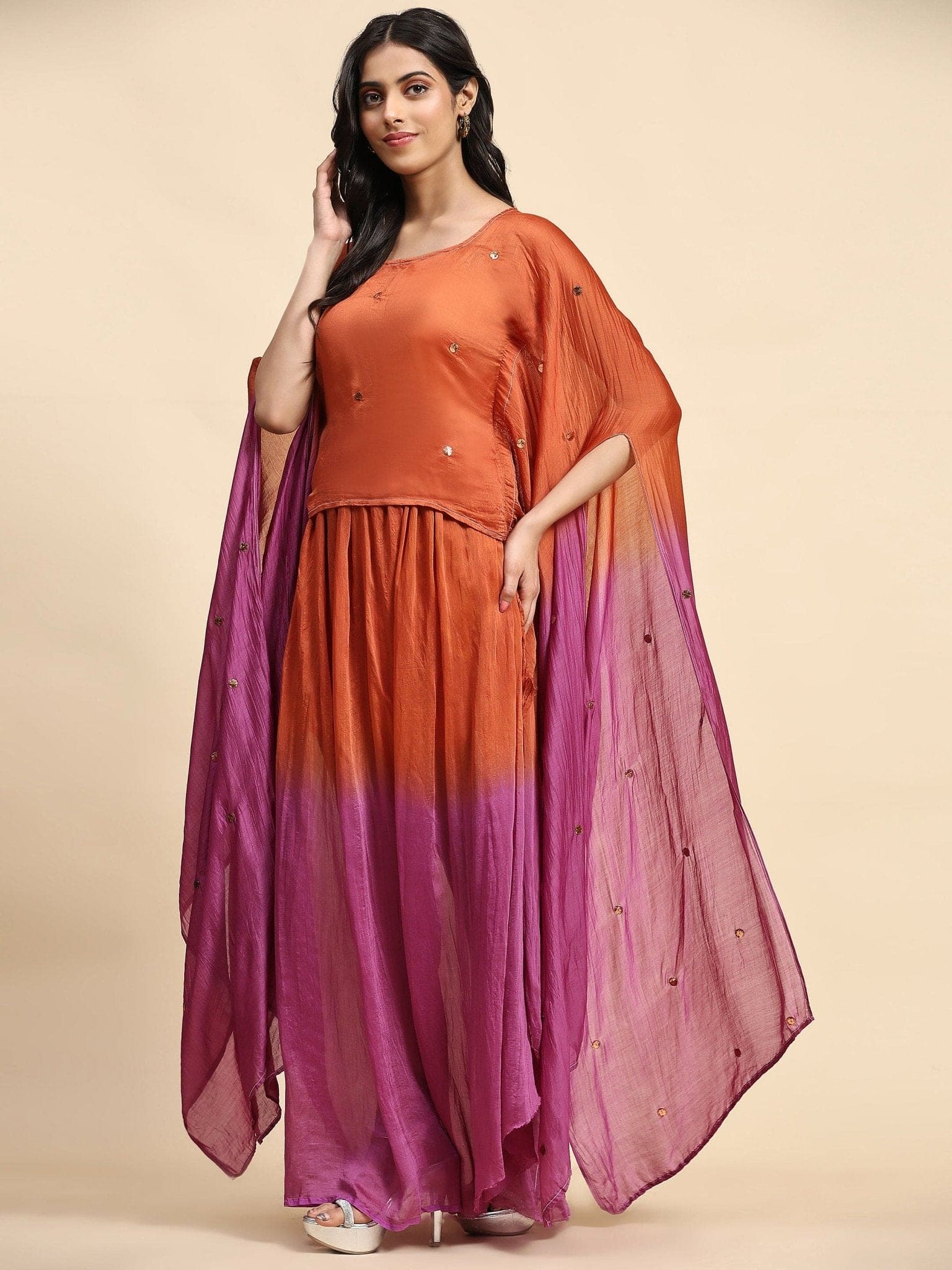 Rust Orange & Pink Mukaish Chanderi Dress - Charkha TalesRust Orange & Pink Mukaish Chanderi Dress