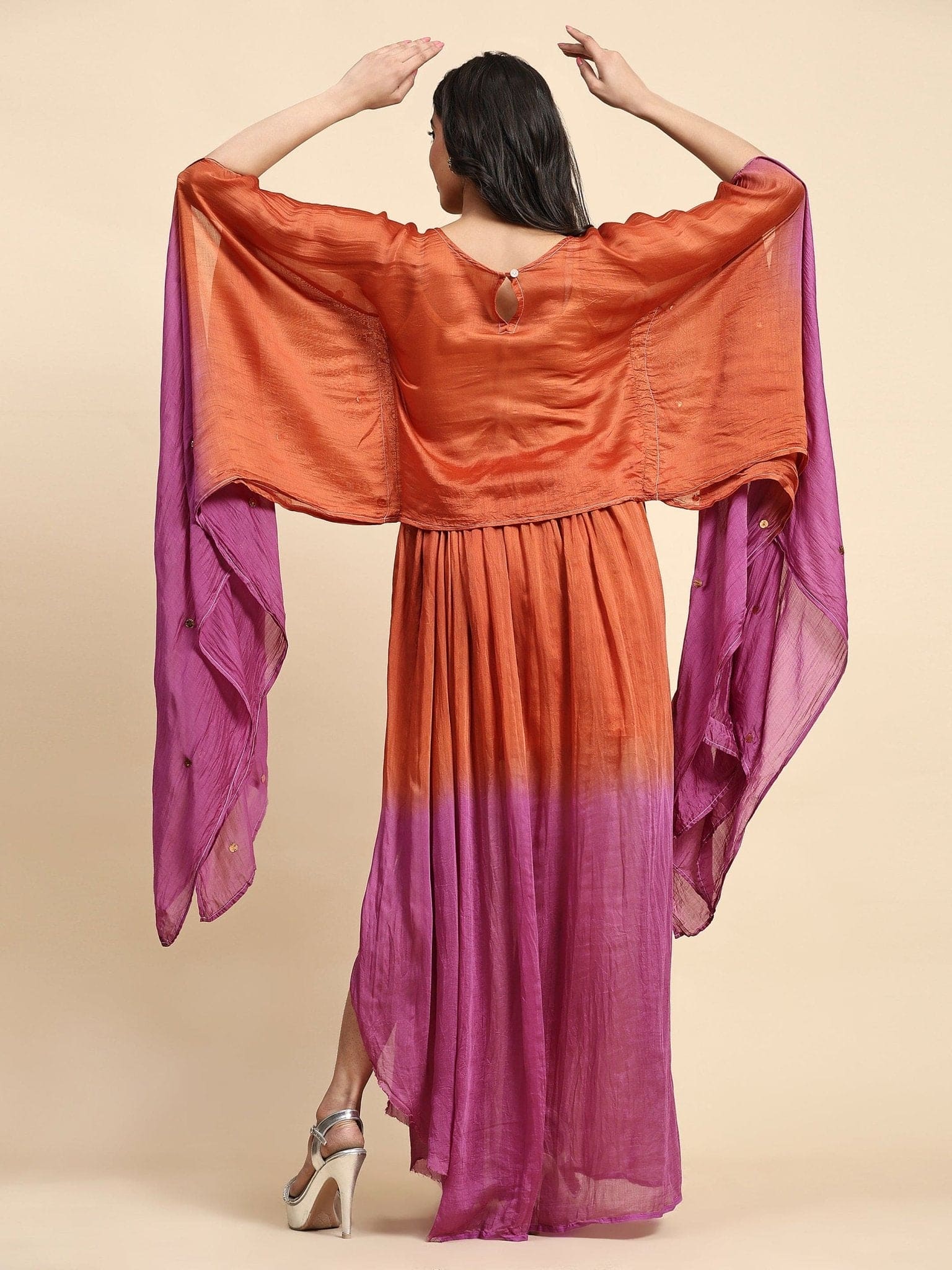 Rust Orange & Pink Mukaish Chanderi Dress - Charkha TalesRust Orange & Pink Mukaish Chanderi Dress