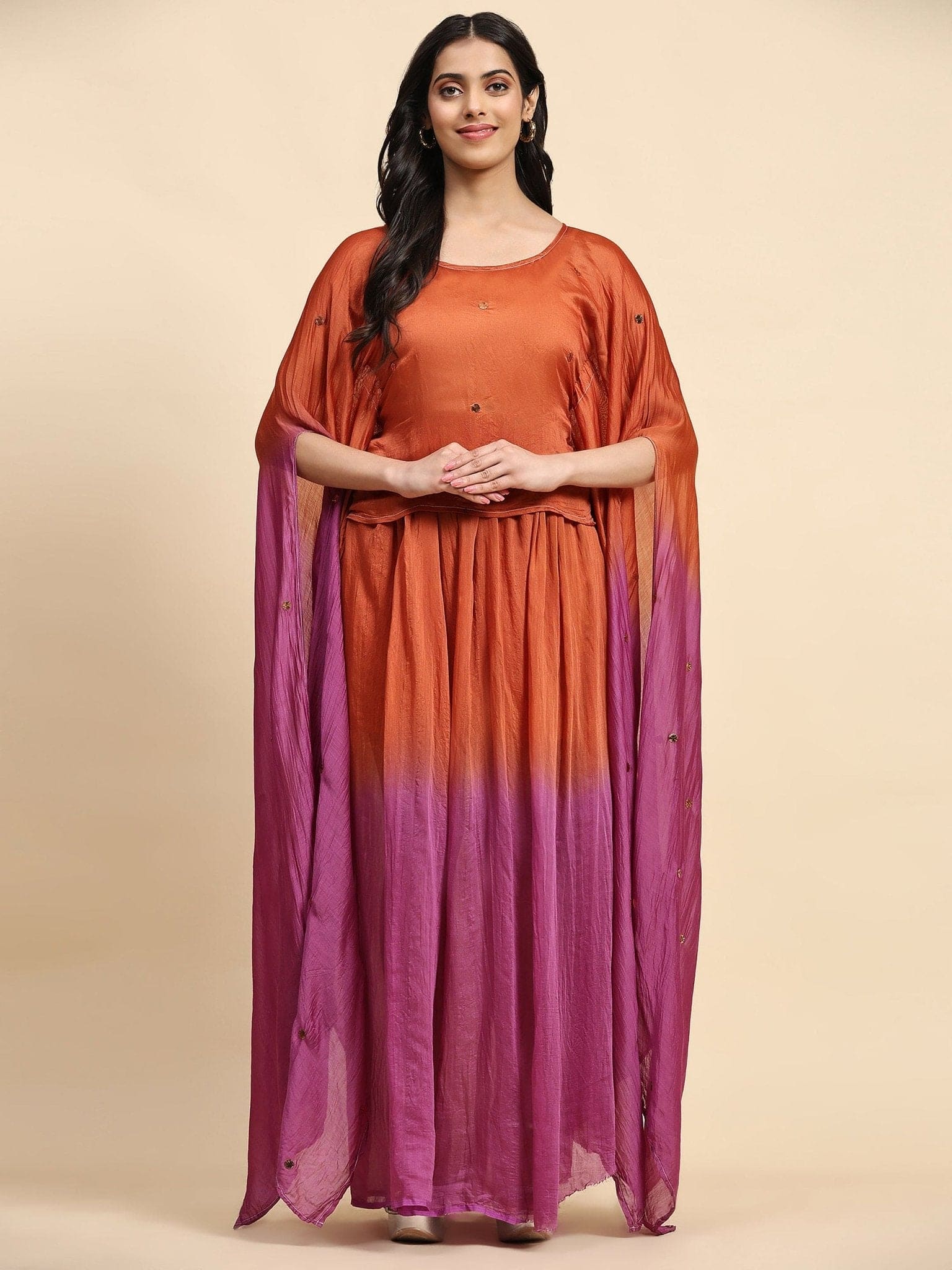 Rust Orange & Pink Mukaish Chanderi Dress - Charkha TalesRust Orange & Pink Mukaish Chanderi Dress