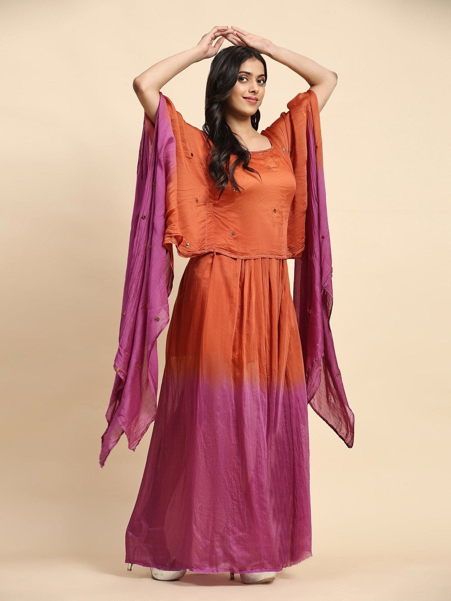 Rust Orange & Pink Mukaish Chanderi Dress - Charkha TalesRust Orange & Pink Mukaish Chanderi Dress