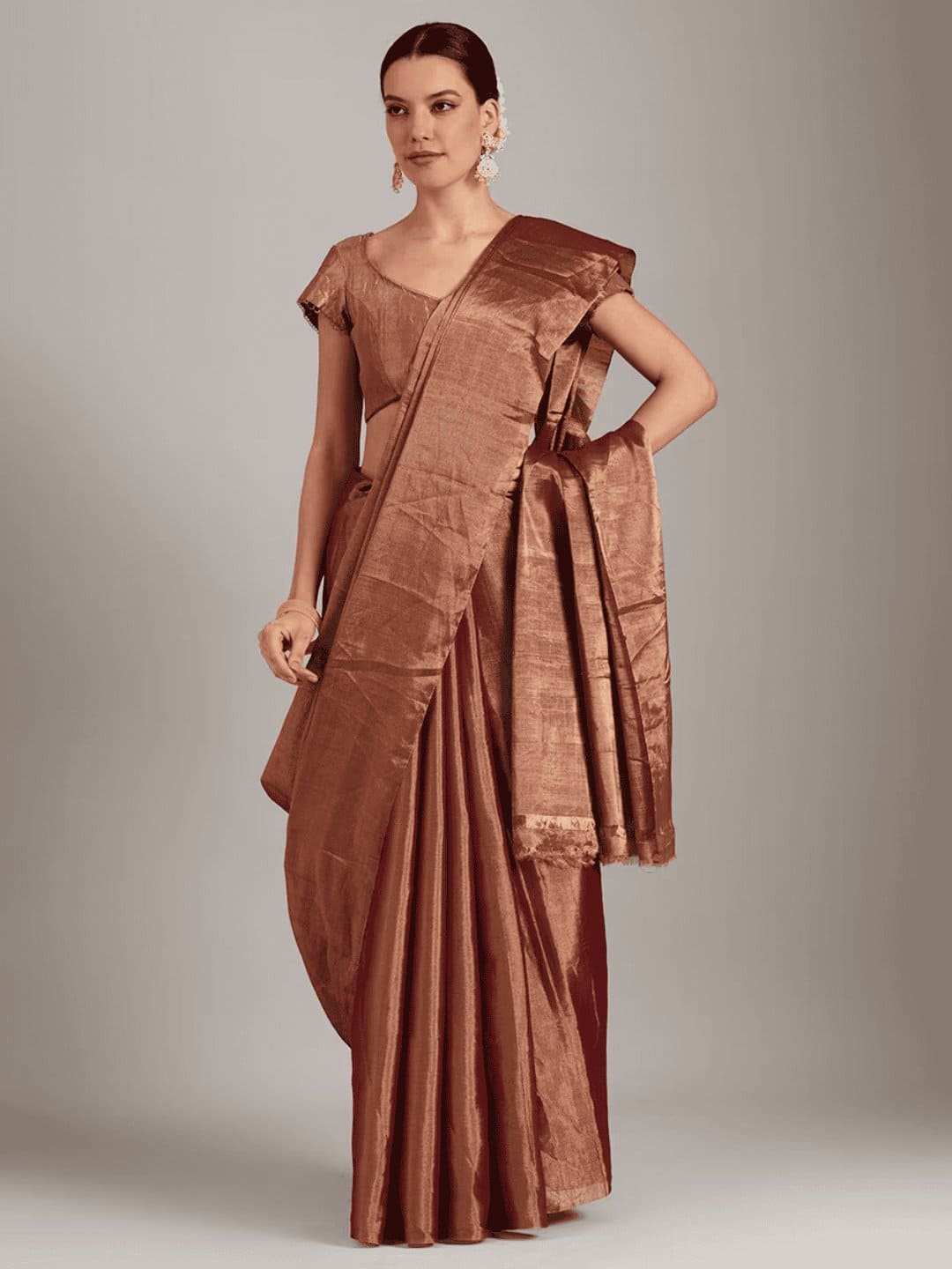 Rust Orange Silk Chanderi Saree - Charkha TalesRust Orange Silk Chanderi Saree