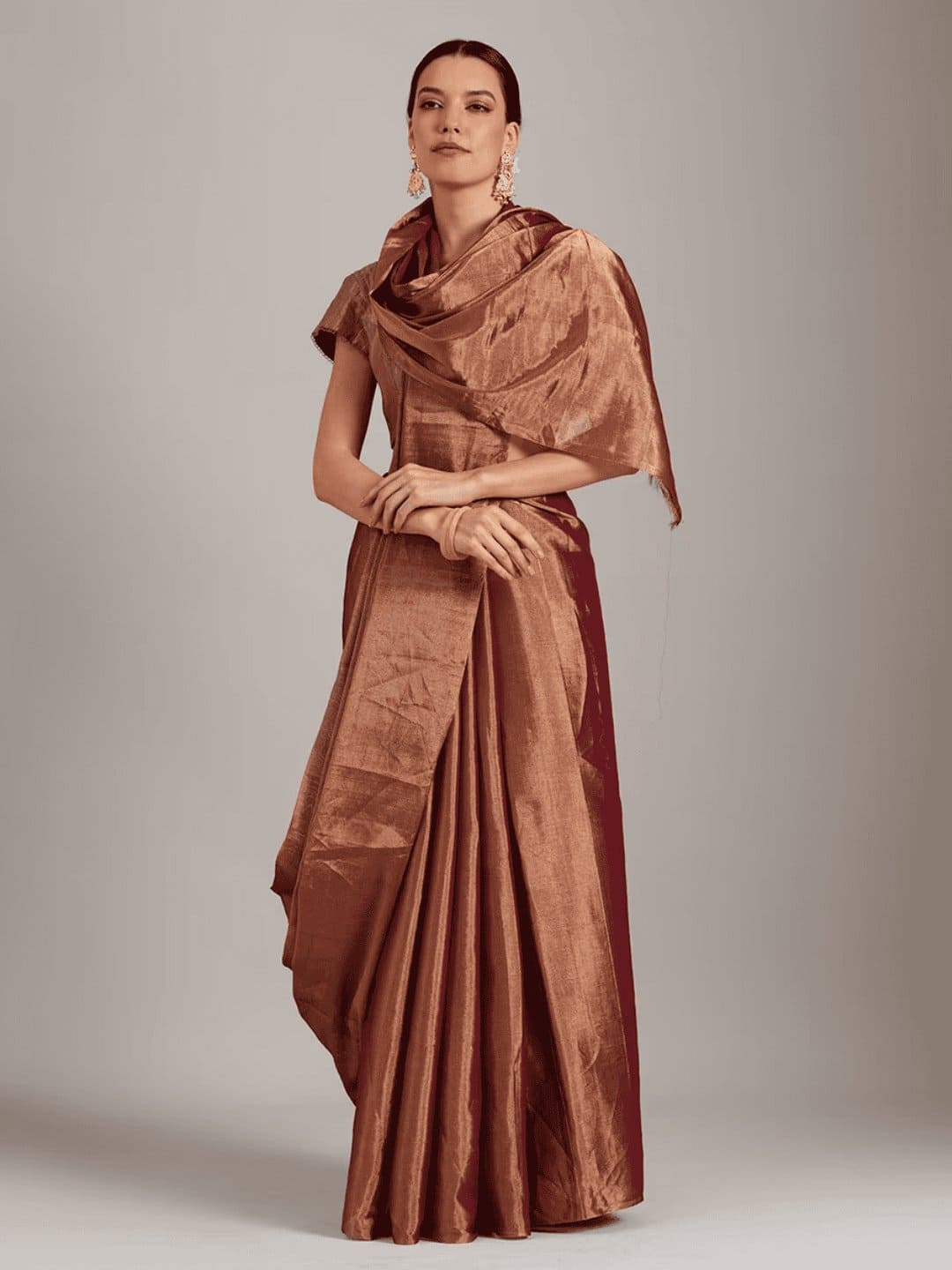 Rust Orange Silk Chanderi Saree - Charkha TalesRust Orange Silk Chanderi Saree