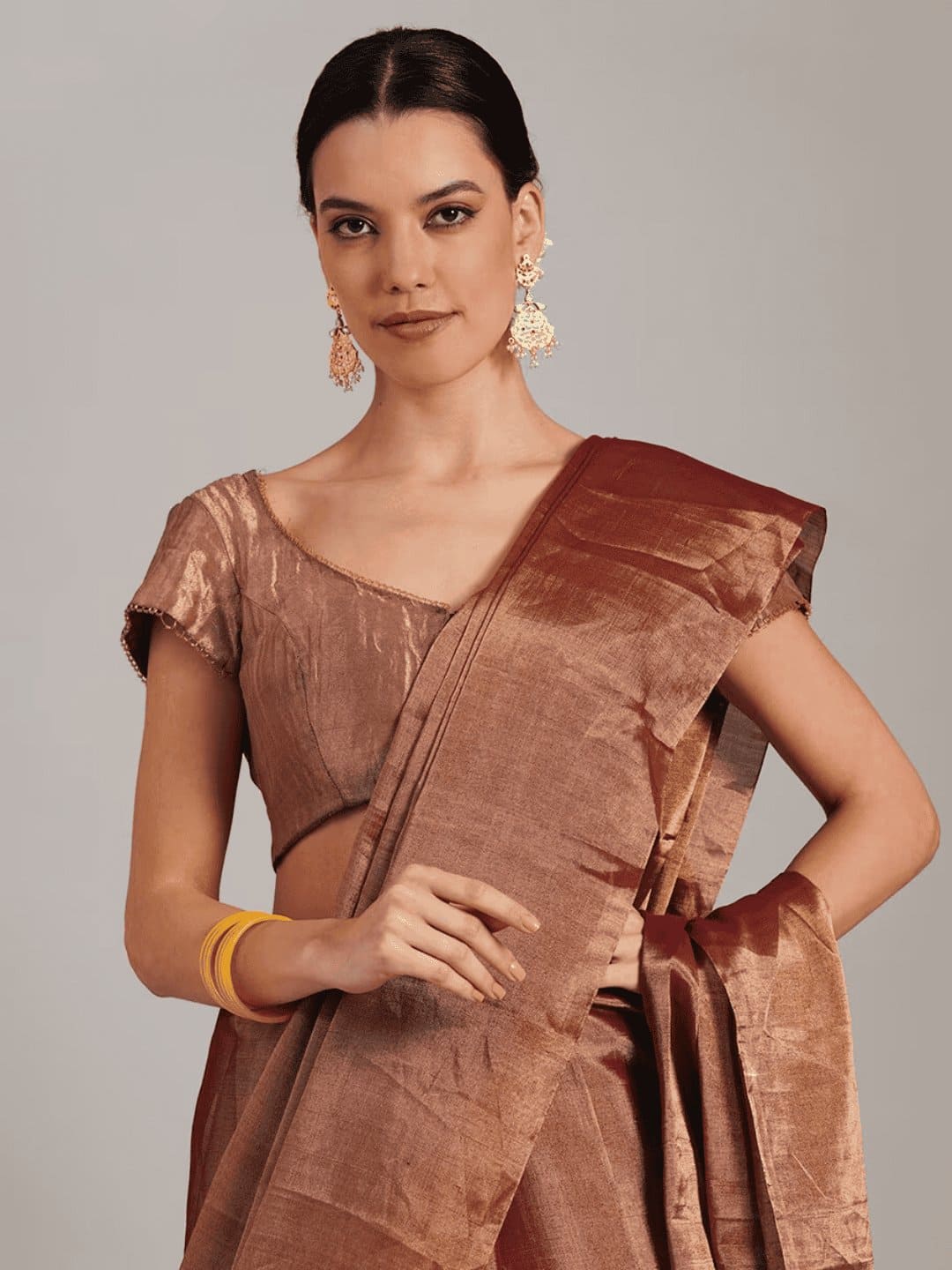 Rust Orange Silk Chanderi Saree - Charkha TalesRust Orange Silk Chanderi Saree