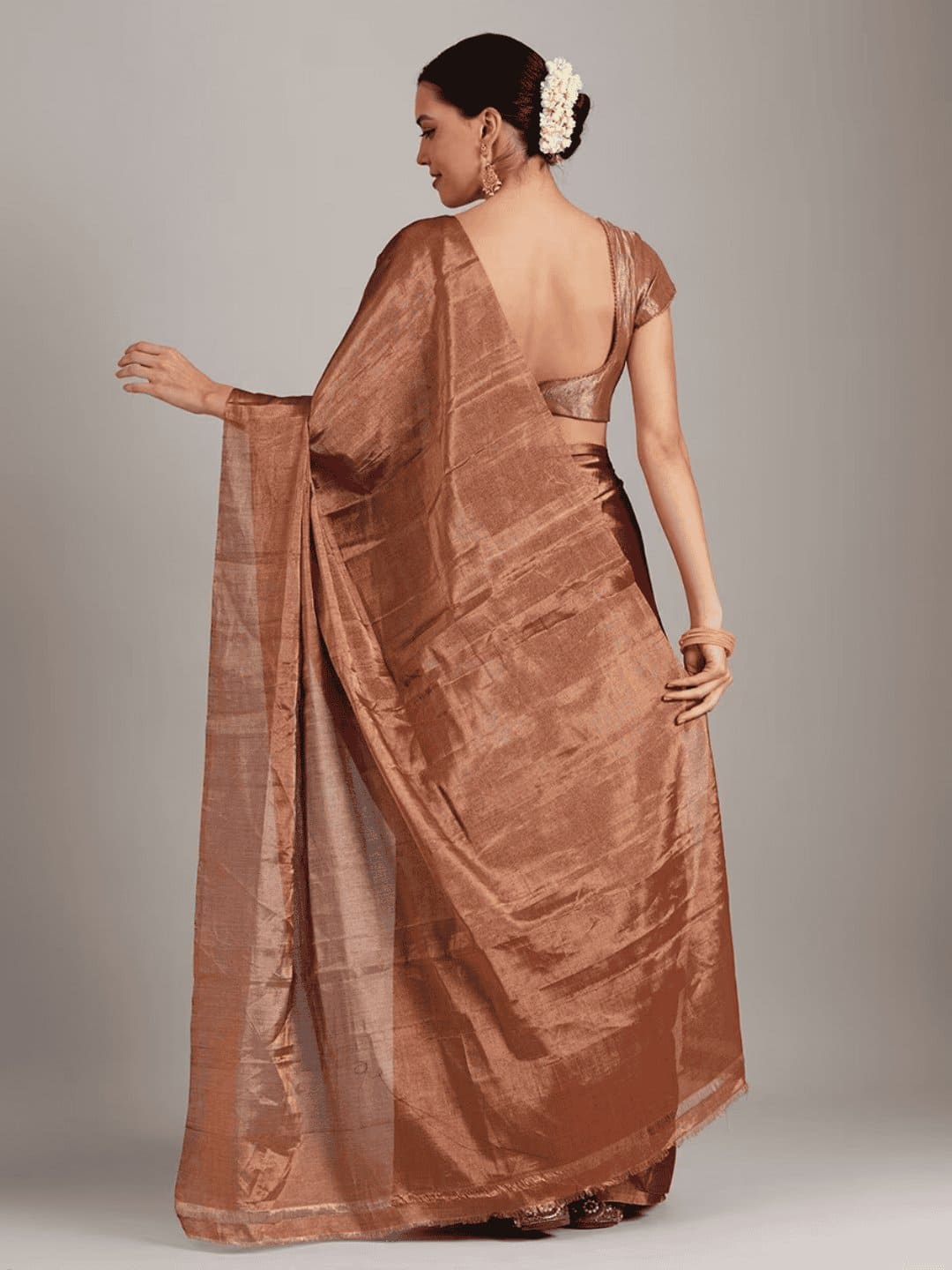 Rust Orange Silk Chanderi Saree - Charkha TalesRust Orange Silk Chanderi Saree