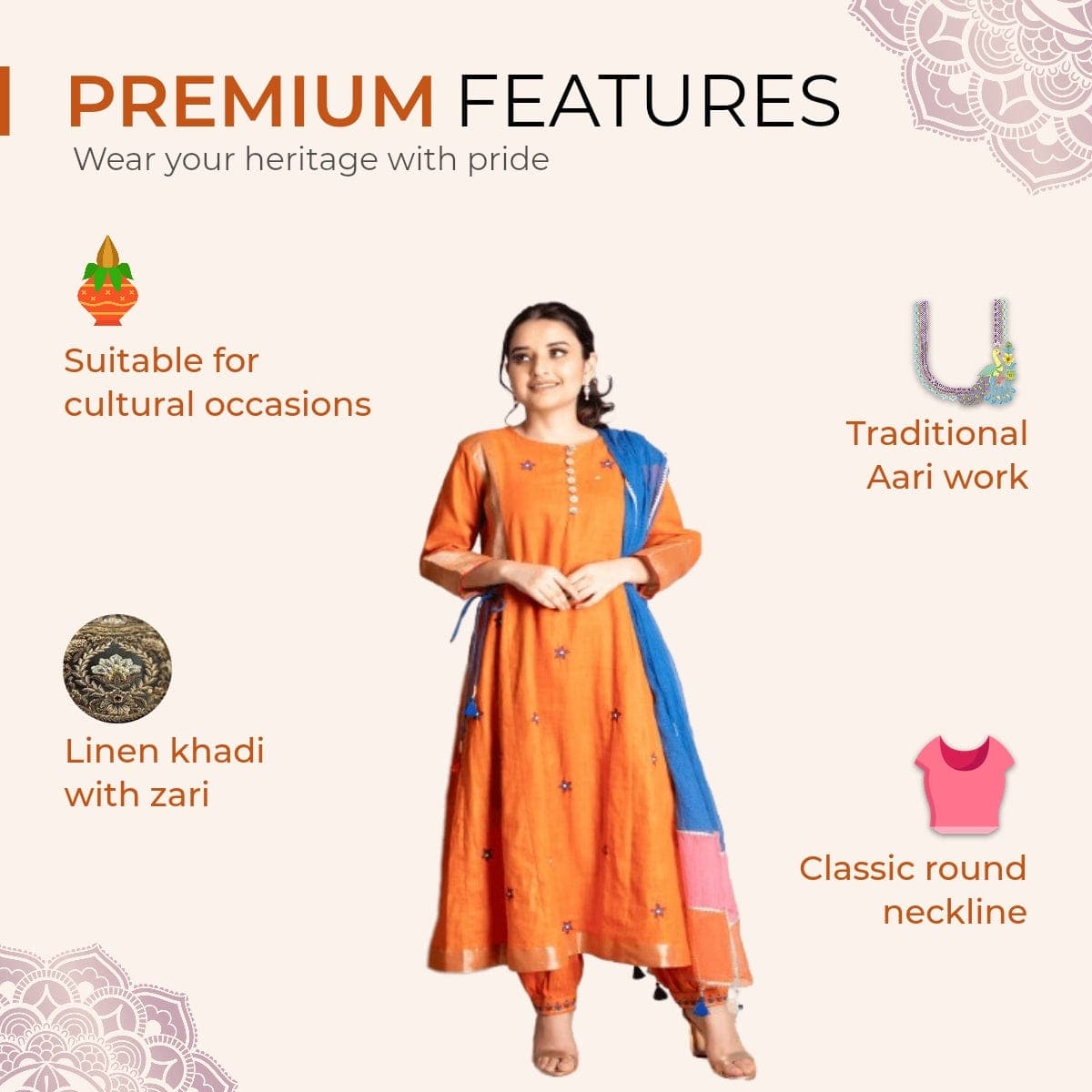 Rust Orange Zari Kurta Set - Charkha TalesRust Orange Zari Kurta Set