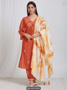 Tie & Dye Crush Cotton Kurta Set - Rust