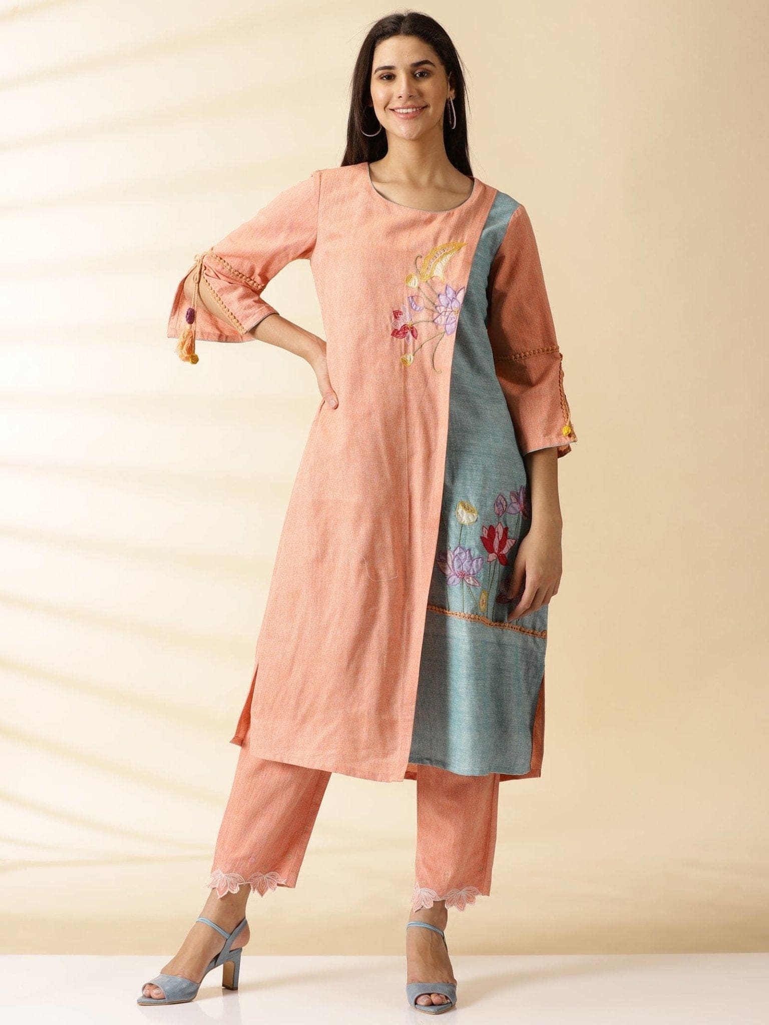 Salmon Pink Embroidered Kurta Set - Charkha TalesSalmon Pink Embroidered Kurta Set