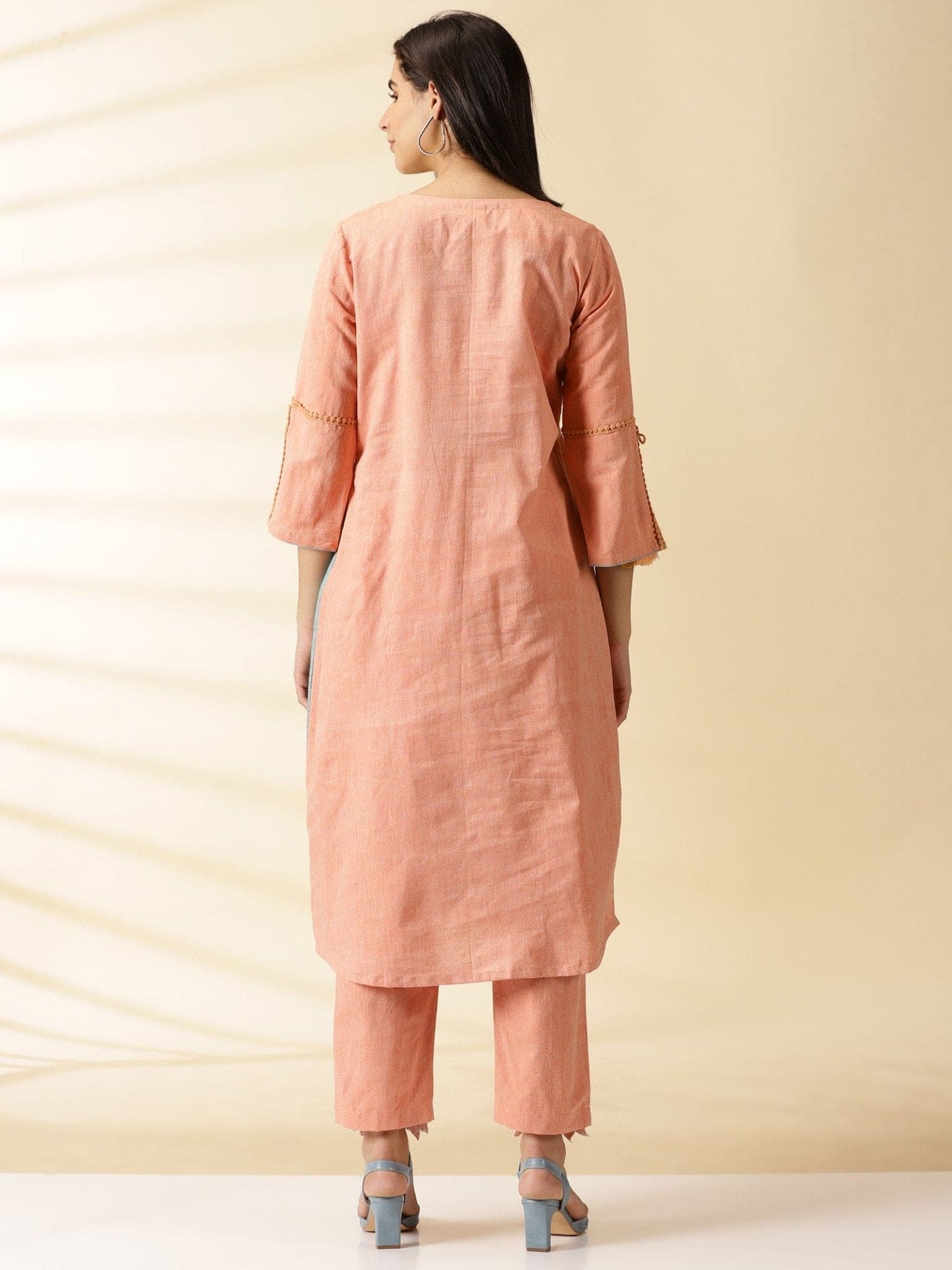 Salmon Pink Embroidered Kurta Set - Charkha TalesSalmon Pink Embroidered Kurta Set