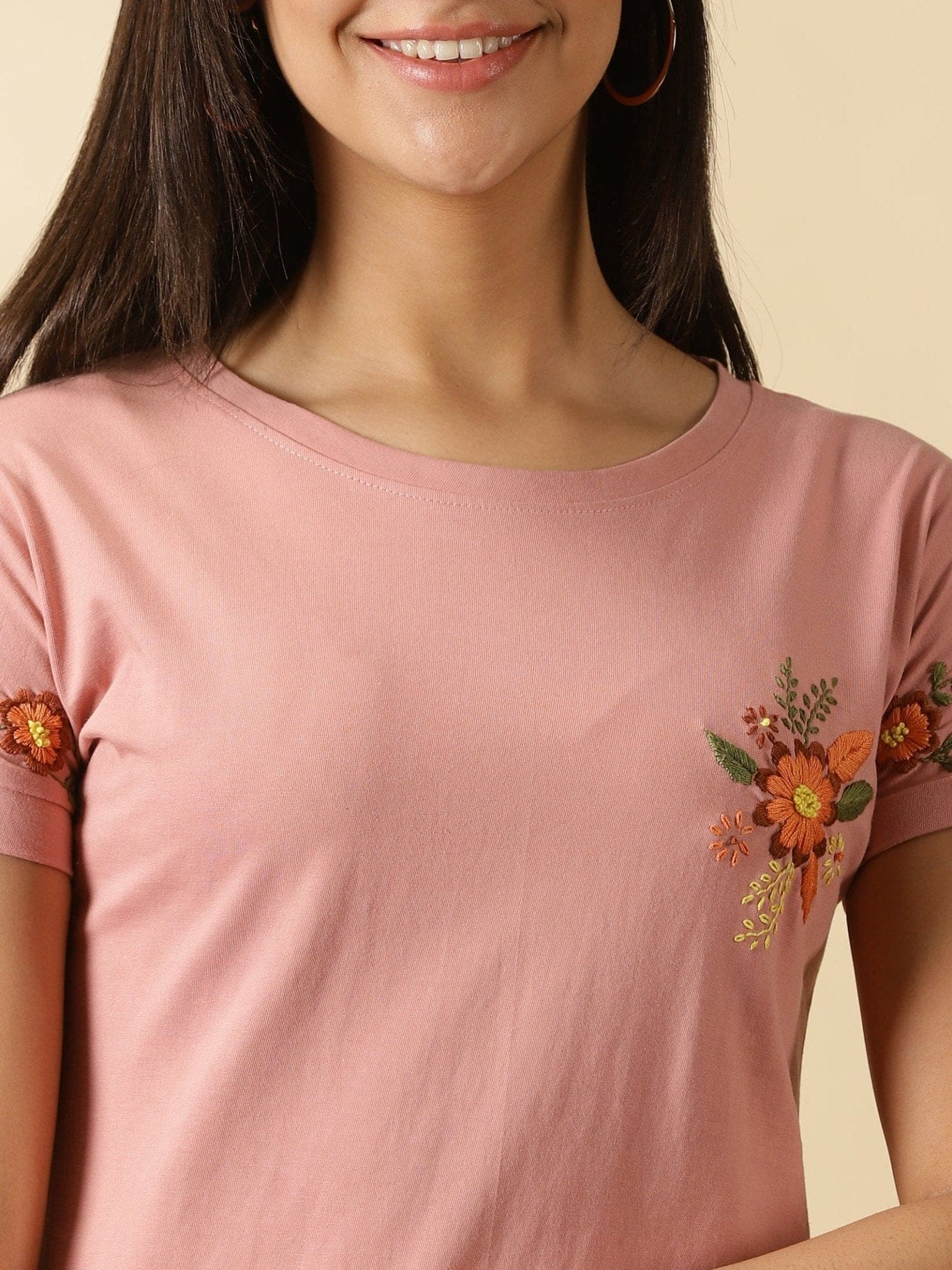 Salmon Pink Embroidered Women Top - Charkha TalesSalmon Pink Embroidered Women Top