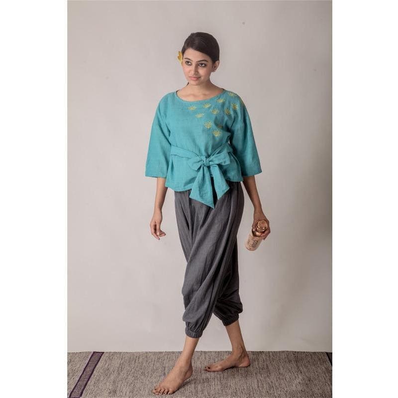 Satvik Blue Tie-Up Yoga Top With Dhoti - Charkha TalesSatvik Blue Tie-Up Yoga Top With Dhoti