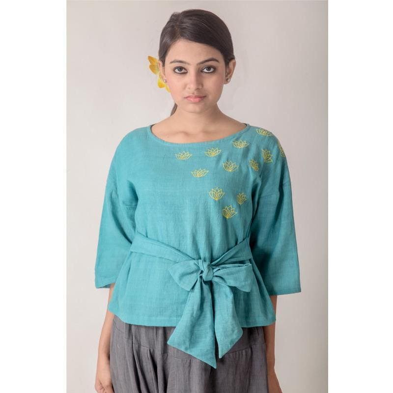 Satvik Blue Tie-Up Yoga Top With Dhoti - Charkha TalesSatvik Blue Tie-Up Yoga Top With Dhoti