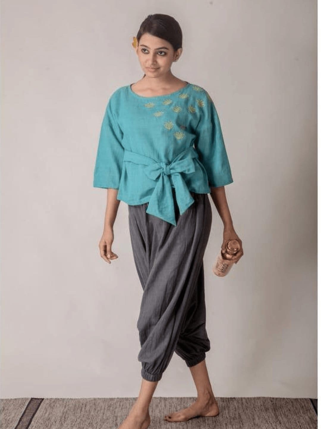 Satvik Blue Tie-Up Yoga Top With Dhoti - Charkha TalesSatvik Blue Tie-Up Yoga Top With Dhoti