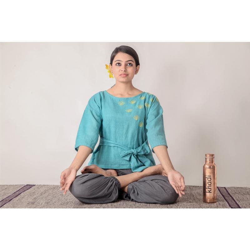Satvik Blue Tie-Up Yoga Top With Dhoti - Charkha TalesSatvik Blue Tie-Up Yoga Top With Dhoti
