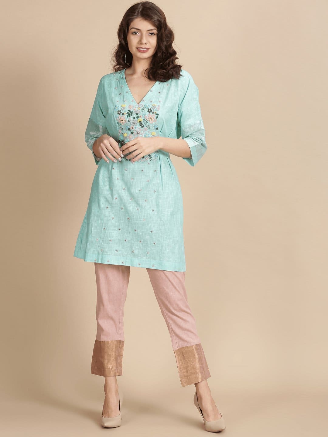 Sea Green Embroidered Bead Work Co-ord Set - Charkha TalesSea Green Embroidered Bead Work Co-ord Set
