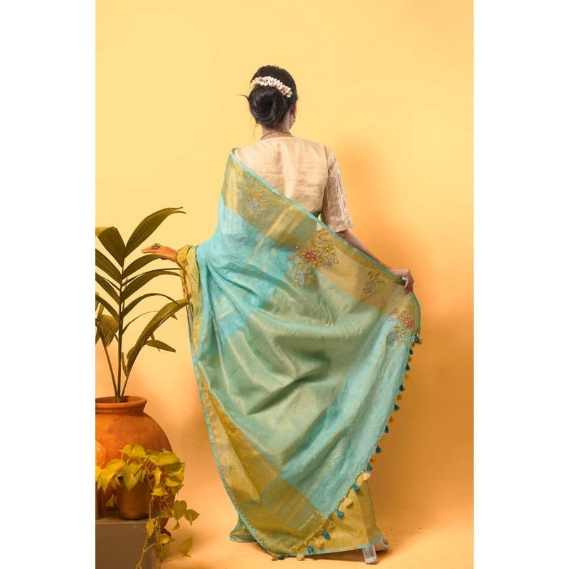 Sea Green Linen Zari Saree - Charkha TalesSea Green Linen Zari Saree